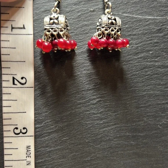 Silver and Red Beaded Earrings - Picture 3 of 4